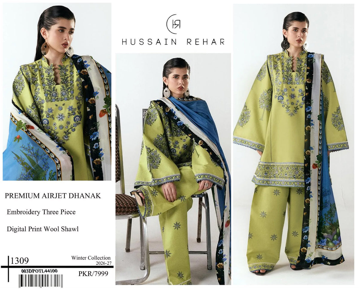 Hussain Rehar 1309 Green Embroidered Airjet Dhanak 3-Piece Suit with Wool Shawl