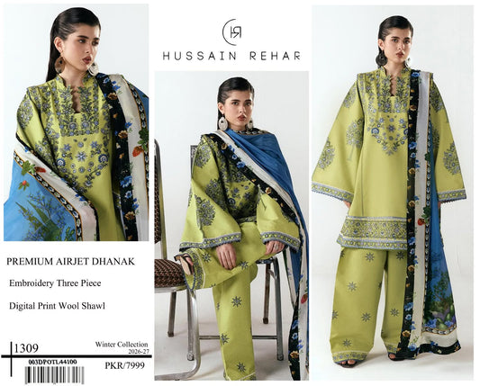 Hussain Rehar 1309 Green Embroidered Airjet Dhanak 3-Piece Suit with Wool Shawl