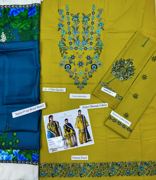 Hussain Rehar 1309 Green Embroidered Airjet Dhanak 3-Piece Suit with Wool Shawl