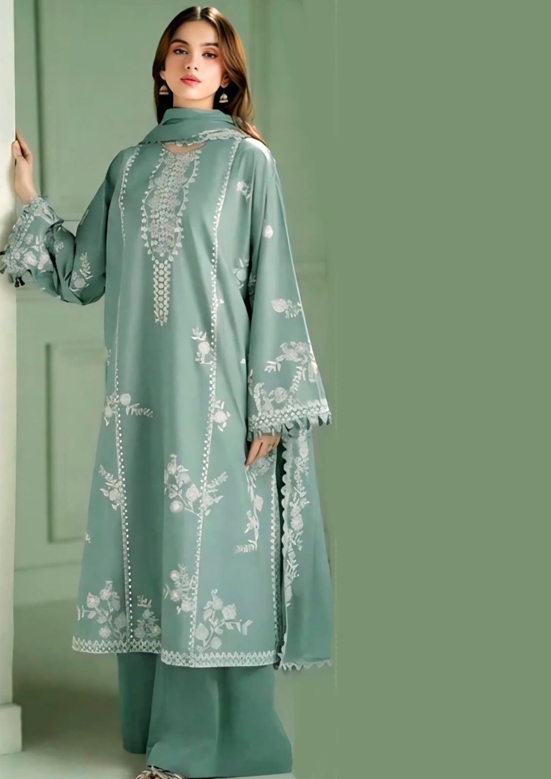 Cross Stitch 1417 Sage Green Airjet Dhanak Embroidered 3-Piece Suit with Shawl
