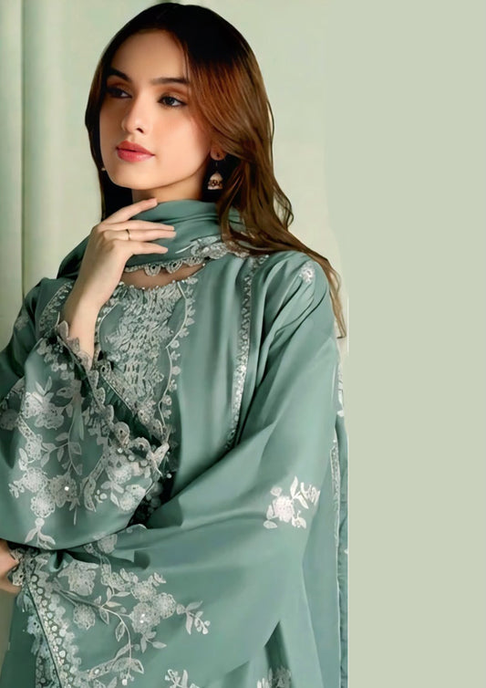 Cross Stitch 1417 Sage Green Airjet Dhanak Embroidered 3-Piece Suit with Shawl