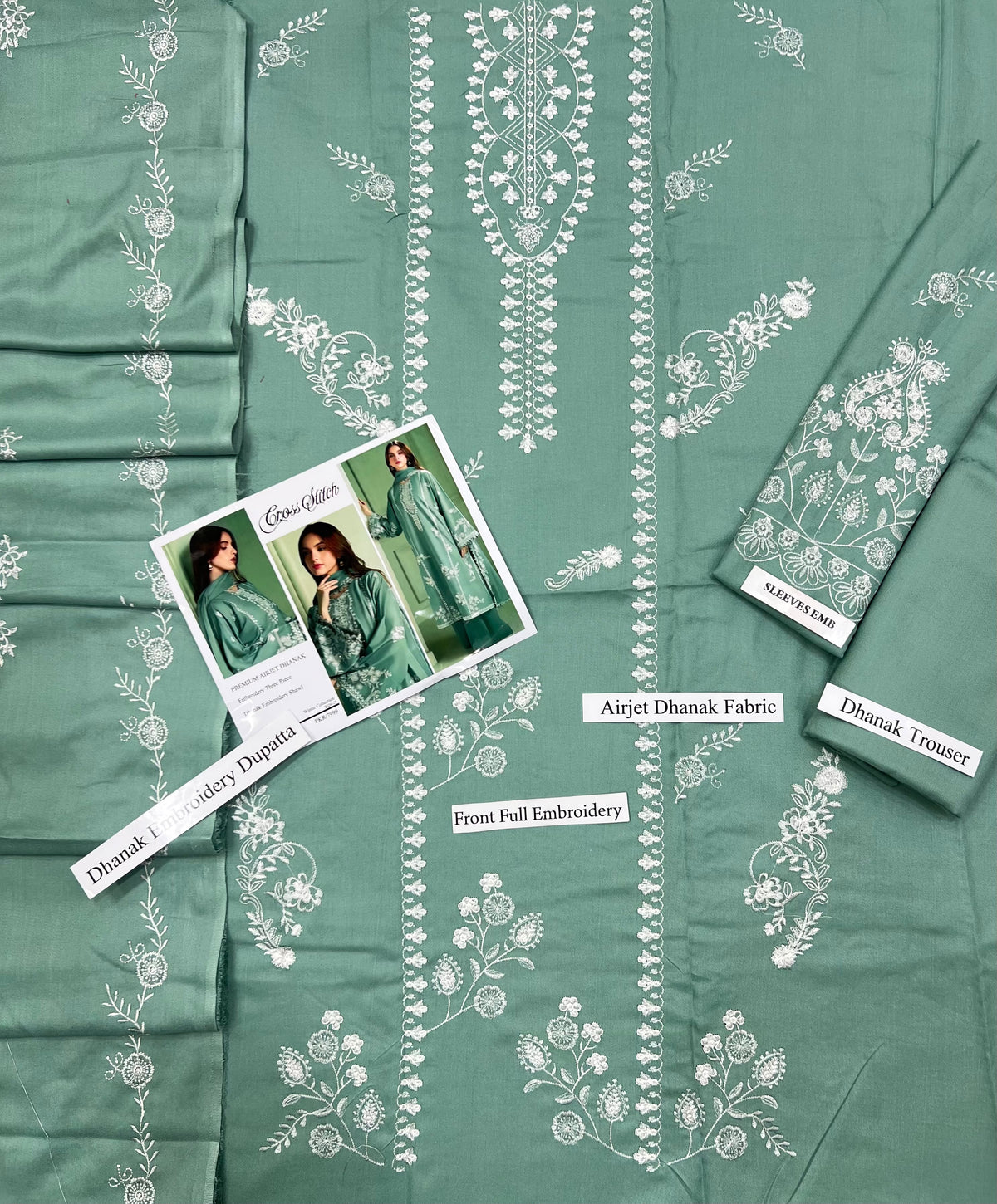 Cross Stitch 1417 Sage Green Airjet Dhanak Embroidered 3-Piece Suit with Shawl