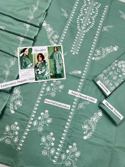 Cross Stitch 1417 Sage Green Airjet Dhanak Embroidered 3-Piece Suit with Shawl