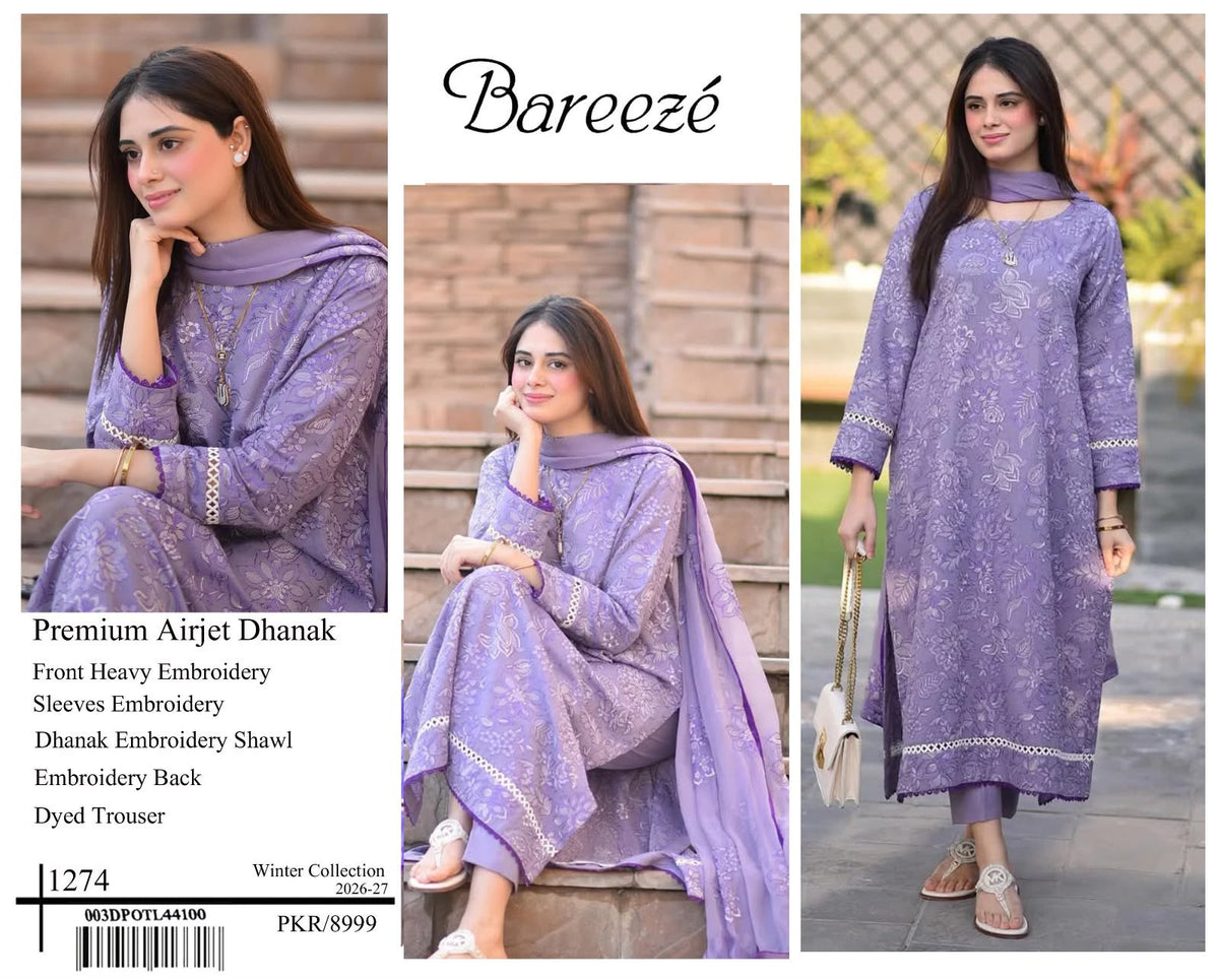 Bareeze Premium Airjet Dhanak Embroidered Suit with Shawl – Lavender