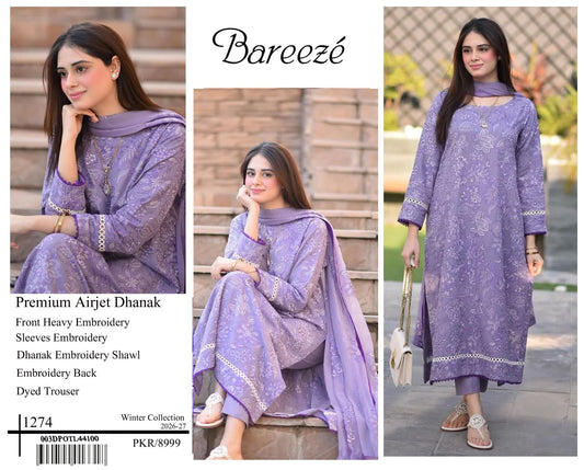 Bareeze Premium Airjet Dhanak Embroidered Suit with Shawl – Lavender