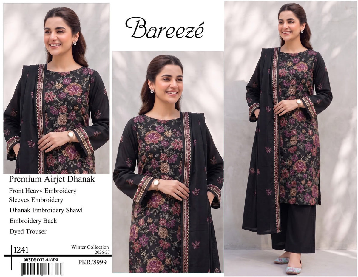 Bareeze Premium Airjet Dhanak Embroidered Suit with Shawl – Black 1241