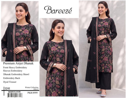 Bareeze Premium Airjet Dhanak Embroidered Suit with Shawl – Black 1241