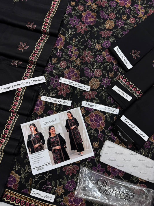 Bareeze Premium Airjet Dhanak Embroidered Suit with Shawl – Black 1241
