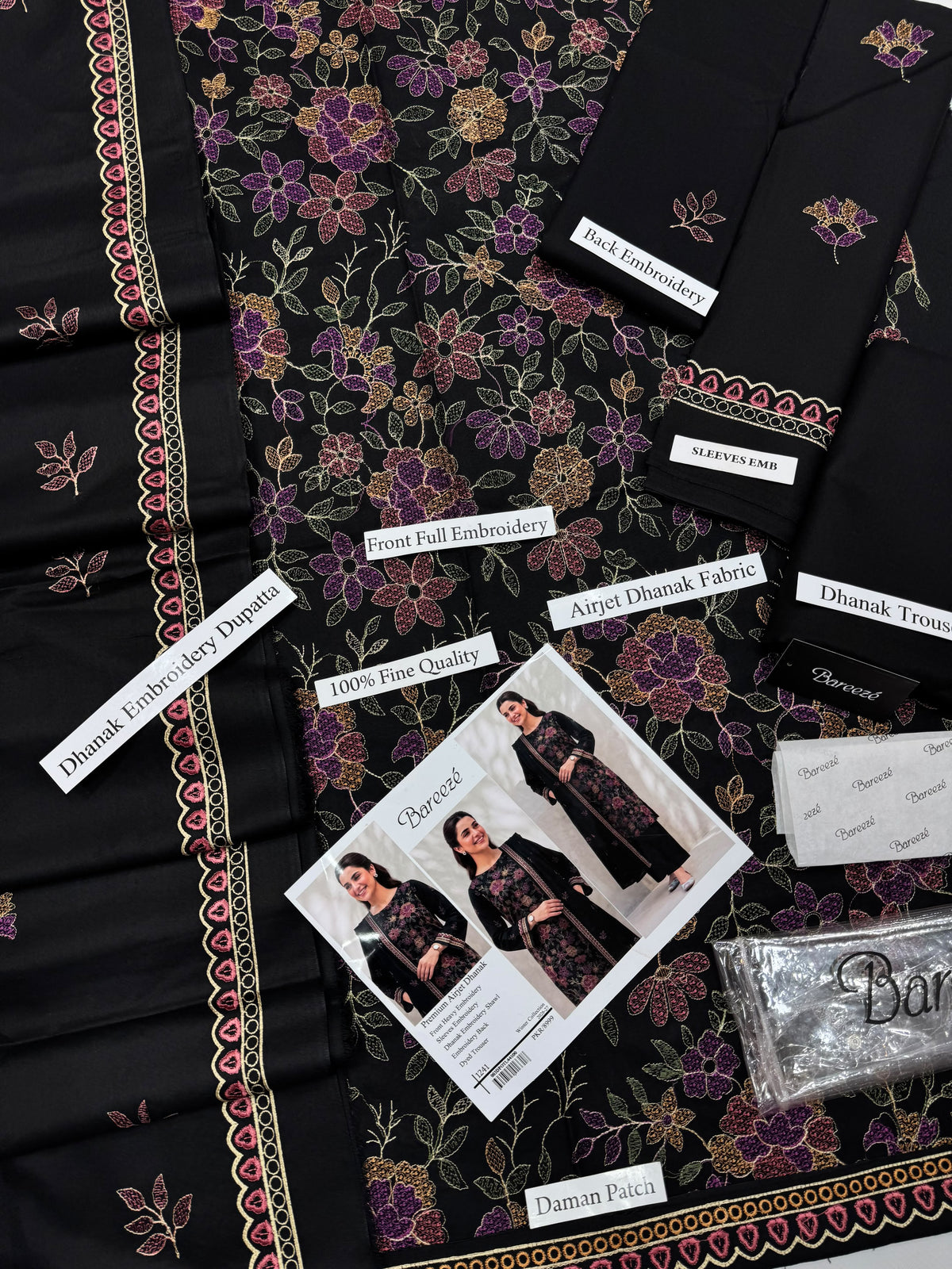 Bareeze Premium Airjet Dhanak Embroidered Suit with Shawl – Black 1241