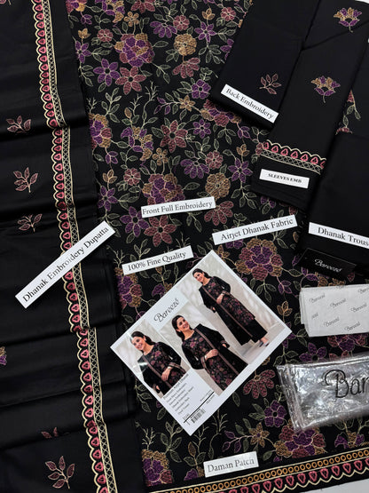 Bareeze Premium Airjet Dhanak Embroidered Suit with Shawl – Black 1241