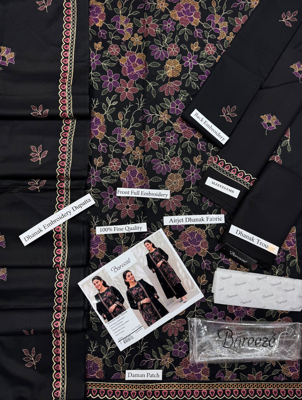 Bareeze Premium Airjet Dhanak Embroidered Suit with Shawl – Black 1241