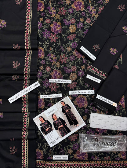 Bareeze Premium Airjet Dhanak Embroidered Suit with Shawl – Black 1241