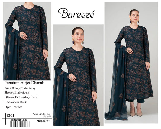 Bareeze Premium Airjet Dhanak Embroidered Suit with Shawl – Deep Teal