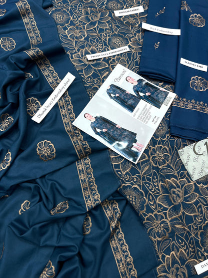Bareeze Premium Airjet Dhanak Embroidered Suit with Shawl – Deep Teal