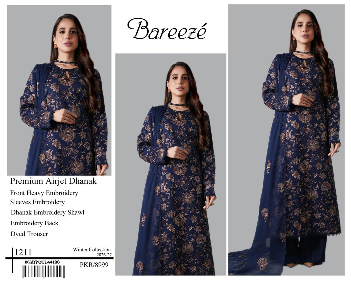 Bareeze Premium Airjet Dhanak Embroidered Suit with Shawl – Navy Blue