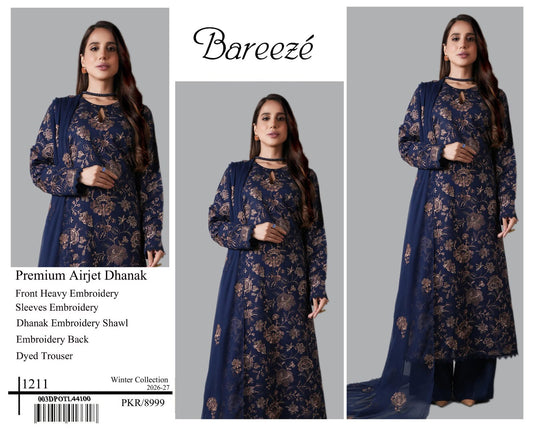 Bareeze Premium Airjet Dhanak Embroidered Suit with Shawl – Navy Blue
