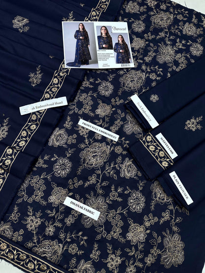 Bareeze Premium Airjet Dhanak Embroidered Suit with Shawl – Navy Blue