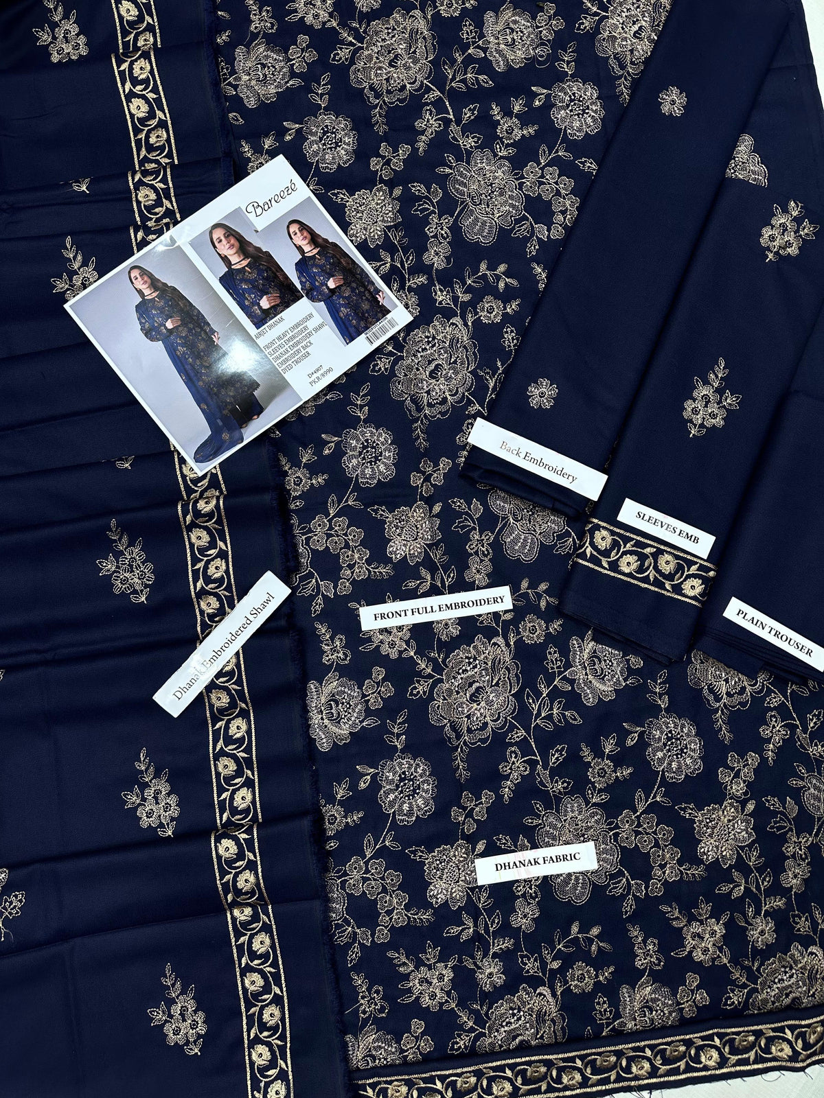 Bareeze Premium Airjet Dhanak Embroidered Suit with Shawl – Navy Blue