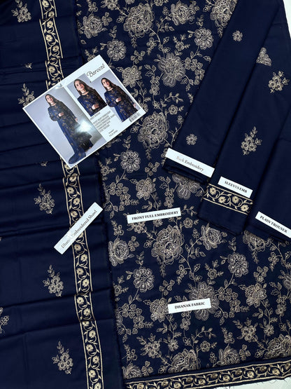 Bareeze Premium Airjet Dhanak Embroidered Suit with Shawl – Navy Blue