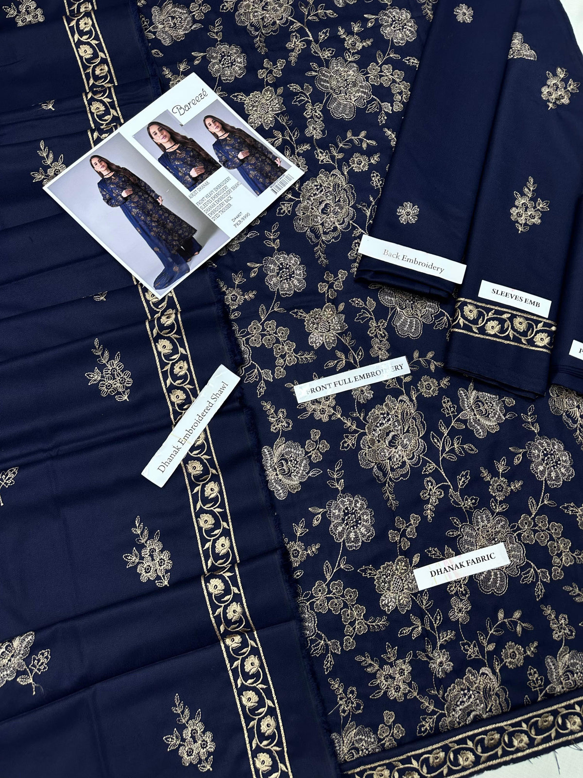 Bareeze Premium Airjet Dhanak Embroidered Suit with Shawl – Navy Blue
