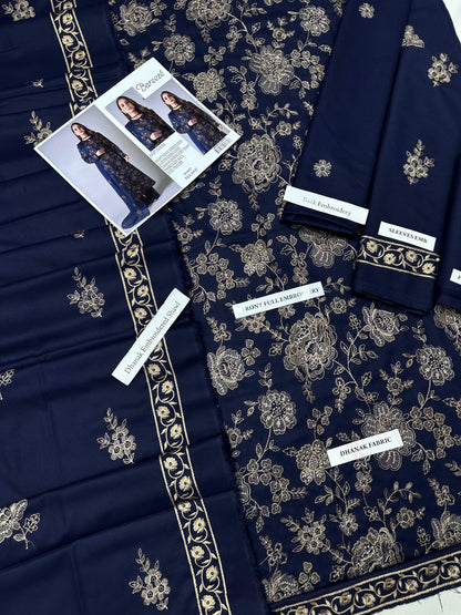 Bareeze Premium Airjet Dhanak Embroidered Suit with Shawl – Navy Blue