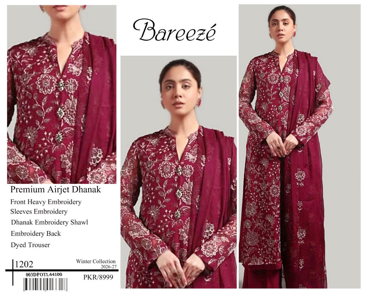 Bareeze Premium Airjet Dhanak Embroidered Suit with Shawl – Maroon