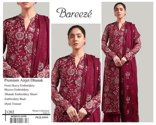 Bareeze Premium Airjet Dhanak Embroidered Suit with Shawl – Maroon