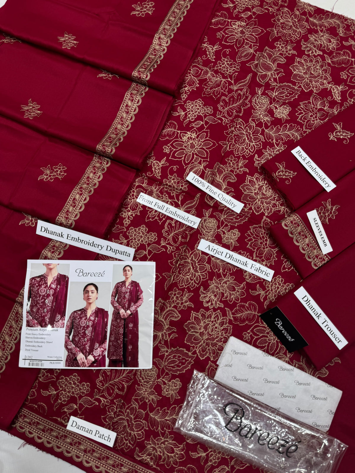 Bareeze Premium Airjet Dhanak Embroidered Suit with Shawl – Maroon