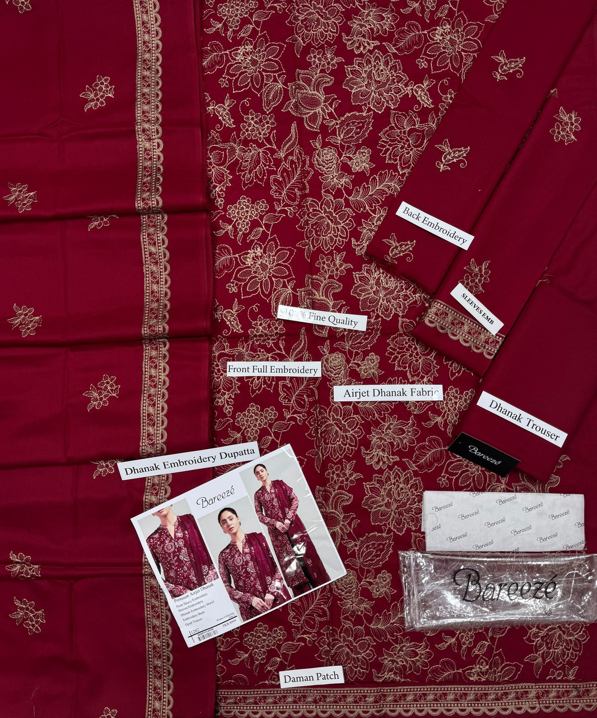 Bareeze Premium Airjet Dhanak Embroidered Suit with Shawl – Maroon