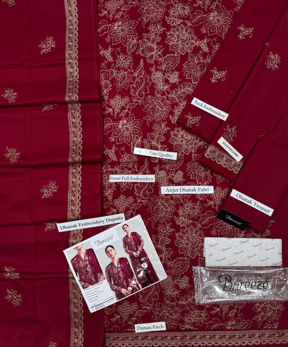 Bareeze Premium Airjet Dhanak Embroidered Suit with Shawl – Maroon