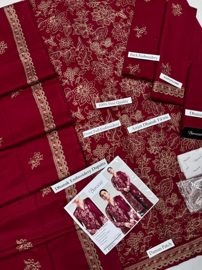 Bareeze Premium Airjet Dhanak Embroidered Suit with Shawl – Maroon
