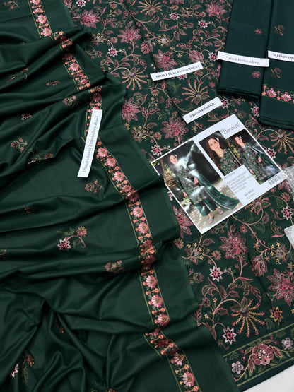 Bareeze Premium Airjet Dhanak Embroidered Suit with Shawl – Forest Green