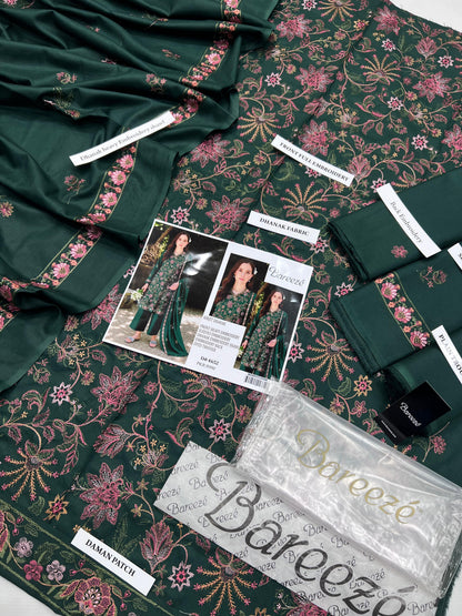 Bareeze Premium Airjet Dhanak Embroidered Suit with Shawl – Forest Green