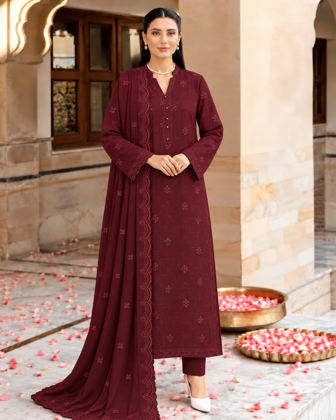Bareeze Dhanak Embroidery Chikankari 3-Piece Suit - Maroon