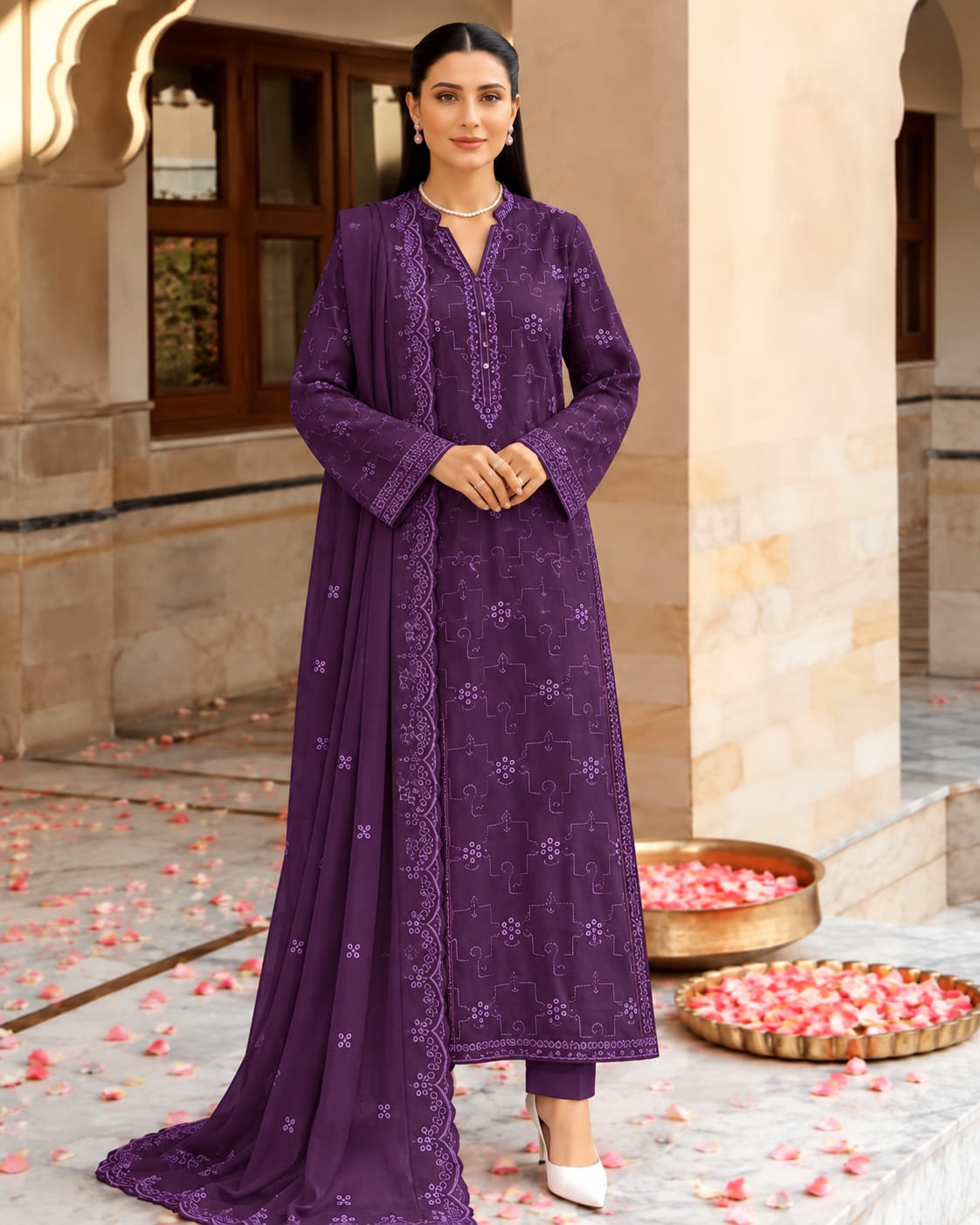 Bareeze Dhanak Embroidery Chikankari 3-Piece Suit - Purple