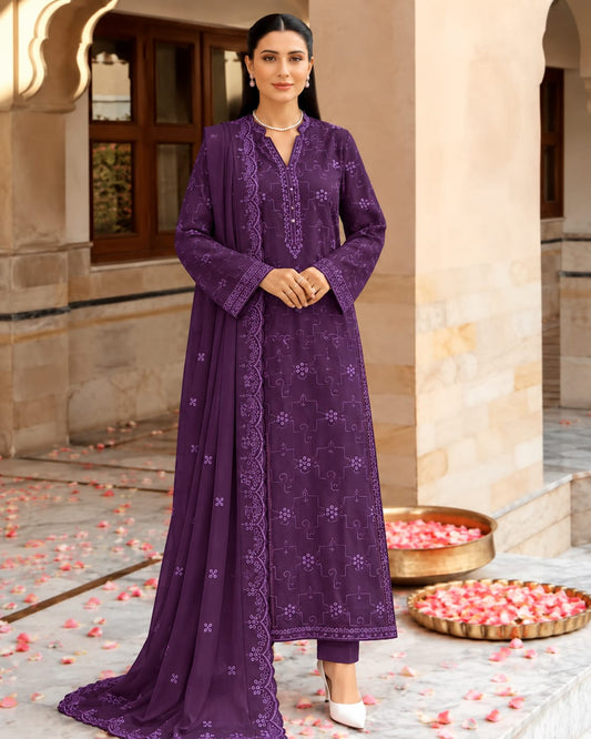 Bareeze Dhanak Embroidery Chikankari 3-Piece Suit - Purple