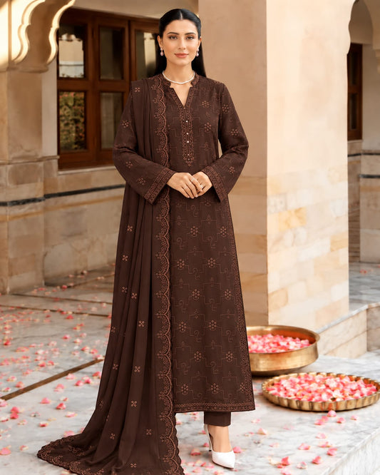 Bareeze Dhanak Embroidery Chikankari 3-Piece Suit - Chocolate Brown