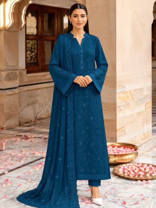 Bareeze Dhanak Embroidery Chikankari 3-Piece Suit - Teal Blue