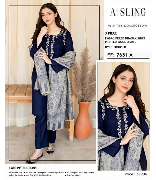 Asling 7651 Best Quality Dhanak Embroidered 3-Piece Suit with Digital Print Wool Shawl