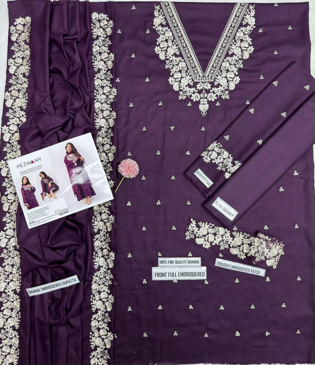 Pezwaan 2702 Purple Embroidered Airjet Dhanak 3-Piece Winter Suit