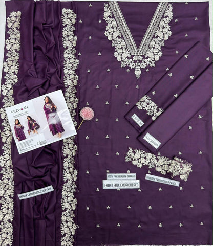 Pezwaan 2702 Purple Embroidered Airjet Dhanak 3-Piece Winter Suit
