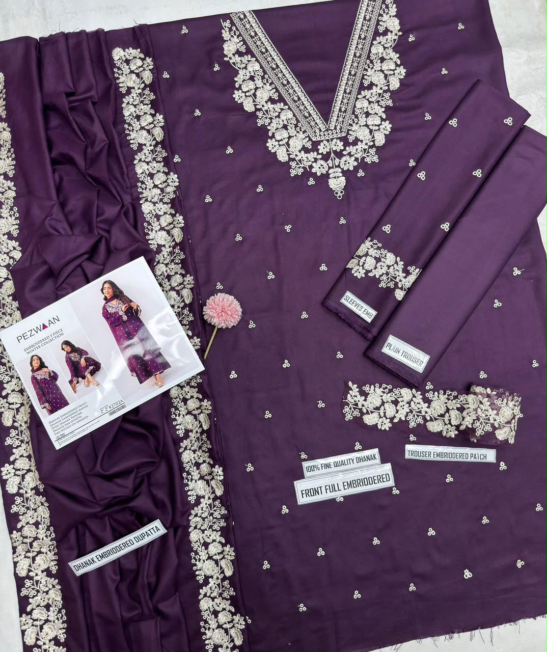 Pezwaan 2702 Purple Embroidered Airjet Dhanak 3-Piece Winter Suit