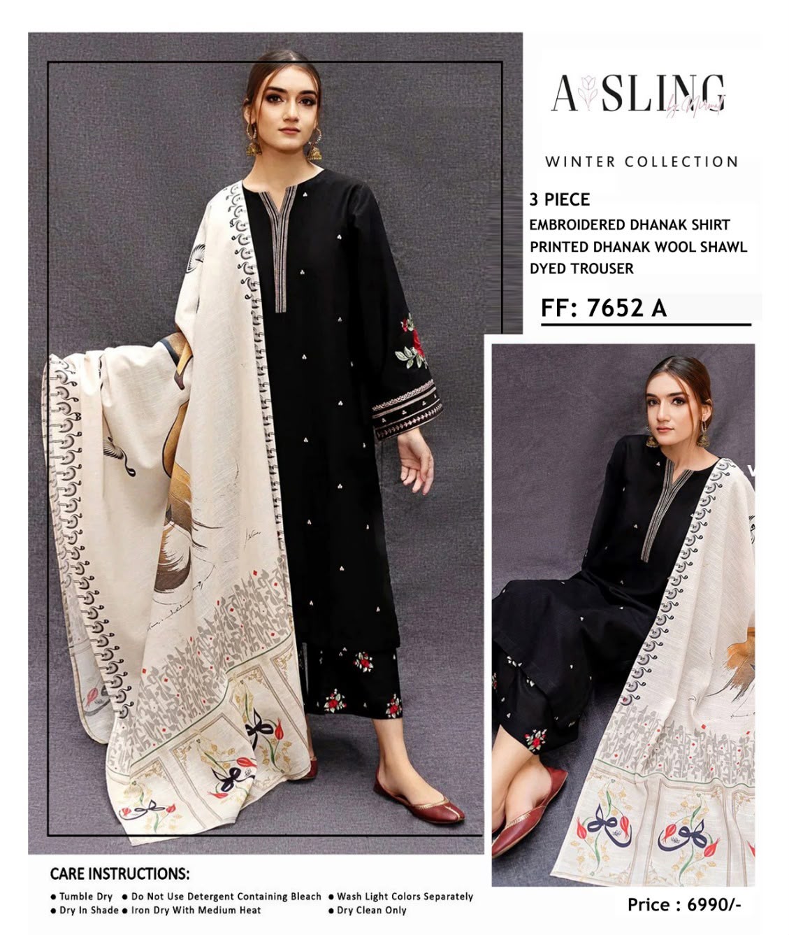 Asling 7652 A Black Embroidered Dhanak 3-Piece Winter Suit