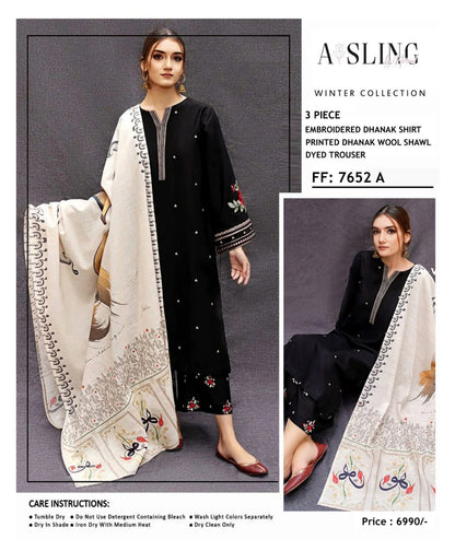 Asling 7652 A Black Embroidered Dhanak 3-Piece Winter Suit