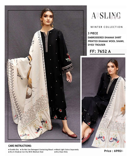 Asling 7652 A Black Embroidered Dhanak 3-Piece Winter Suit