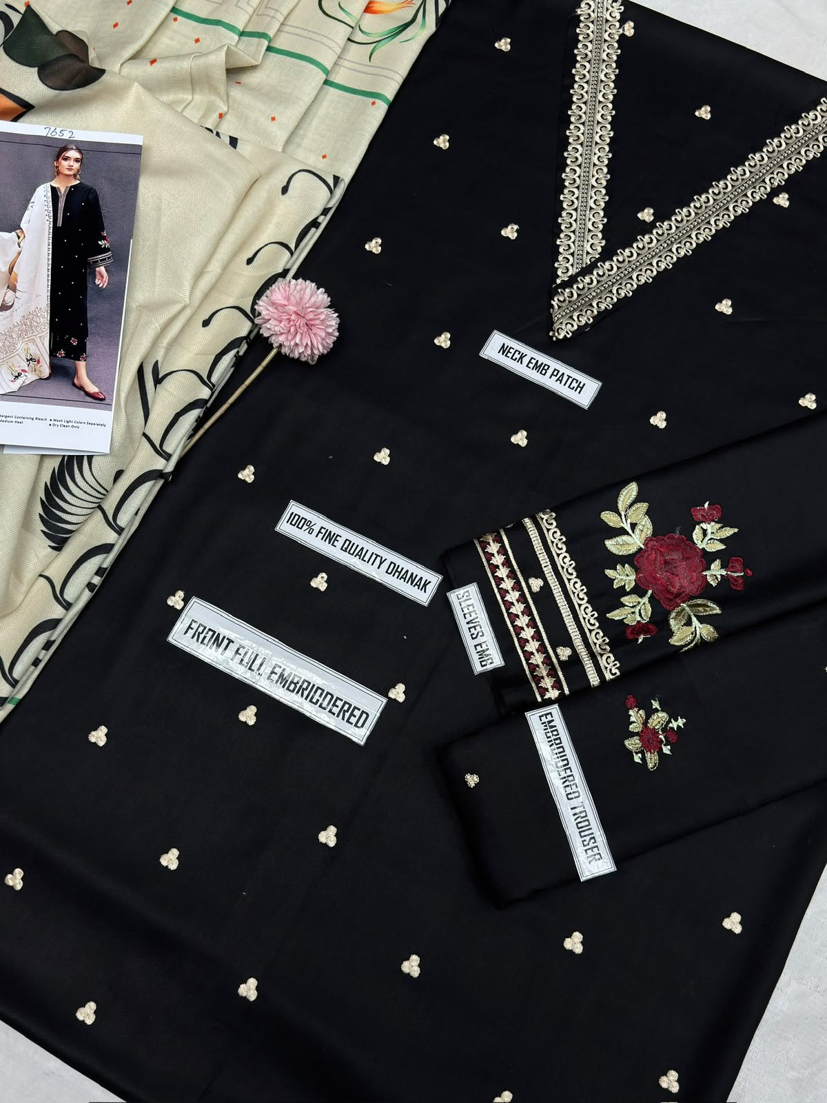 Asling 7652 A Black Embroidered Dhanak 3-Piece Winter Suit