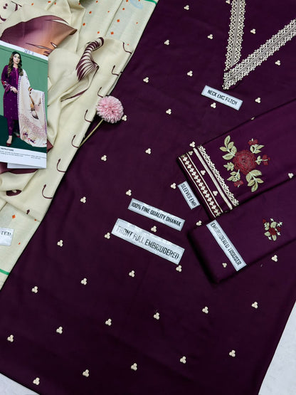 Asling 7652 C Wine Embroidered Dhanak 3-Piece Winter Suit