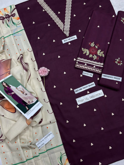 Asling 7652 C Wine Embroidered Dhanak 3-Piece Winter Suit