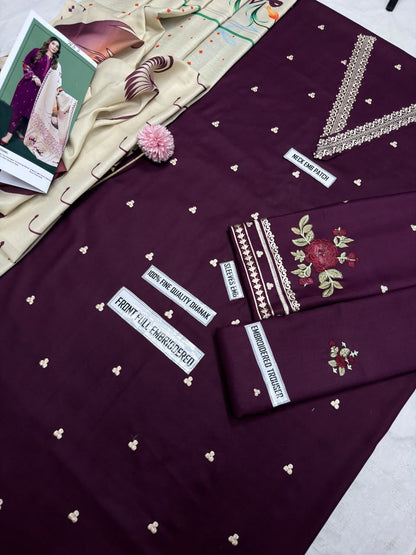 Asling 7652 C Wine Embroidered Dhanak 3-Piece Winter Suit