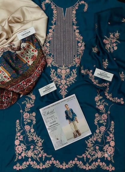 Ethnic D435 Teal Blue Premium Silk Embroidered 2-Piece Suit